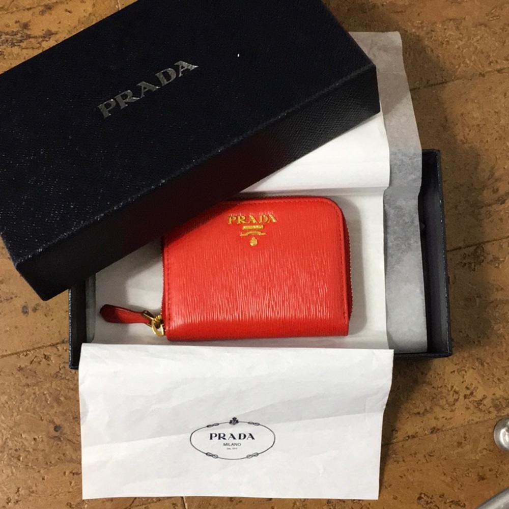 Prada Red Saffiano Zip Card Case with Gold Hardware